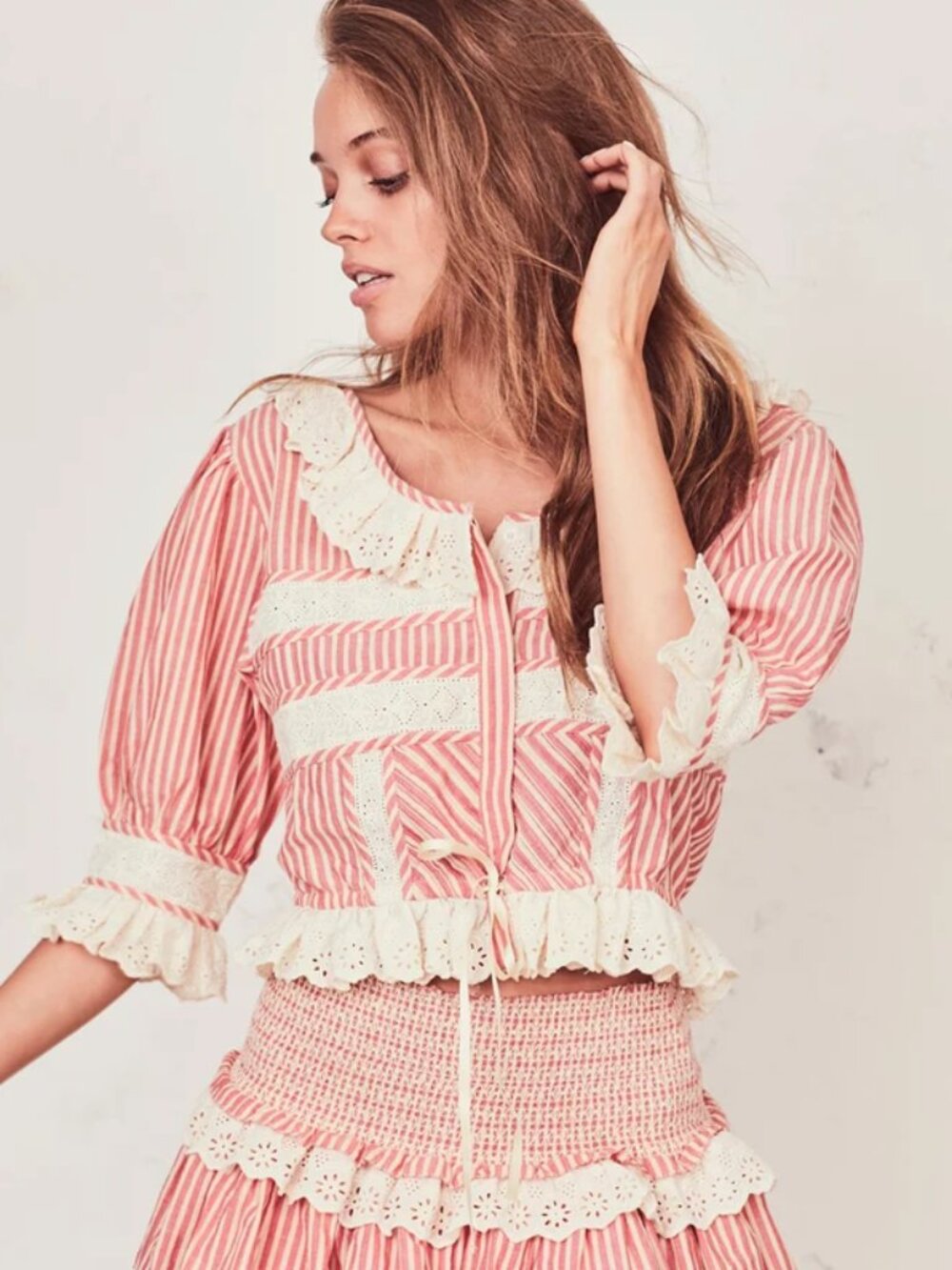 LoveShackFancy Tiana Top, Red Stripe, Medium